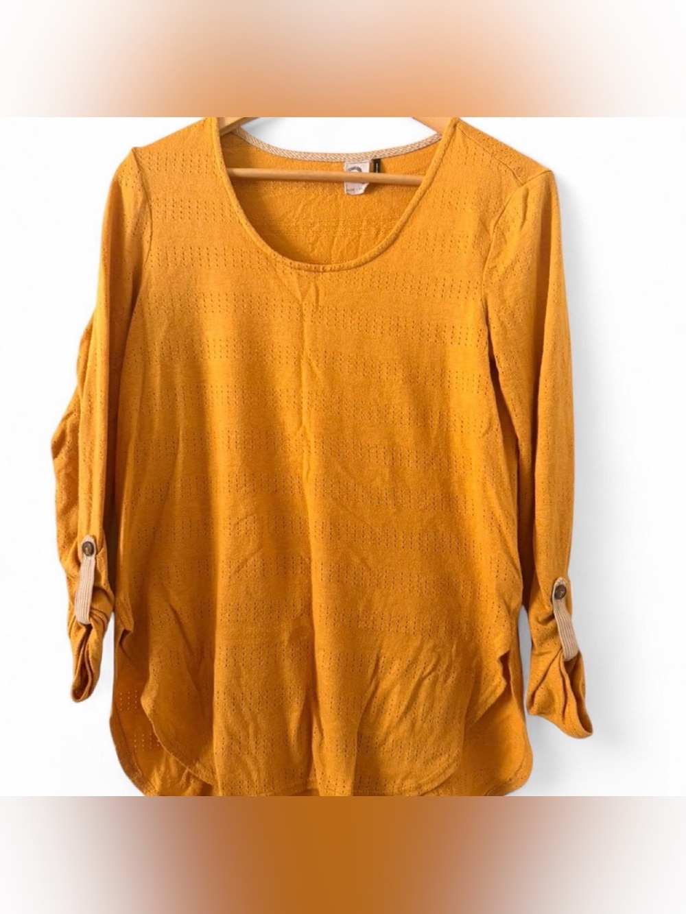 Women's Mustard Scoop Neck Long Sleeve Knit Top with Button Roll-Tab